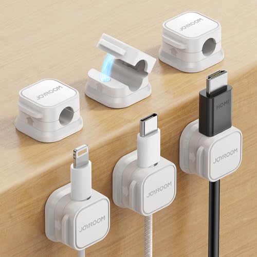 JOYROOM 6 Stück Kabelhalter Kabelclips Kabel Organizer Kabelmanagement | Magnetische, Selbstklebende, für Schreibtisch, Nachttisch, Wand, Ladekabeln, HDMI, USB, Audiokabel, Weiß