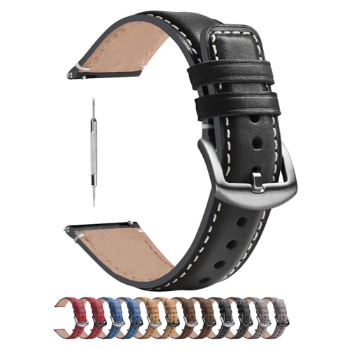 Fullmosa Uhrenarmband 20mm mit Schnellverschluss Kompatibel mit Samsung Watch 7/6/5/4 40mm 44mm/Watch 5 Pro 45mm, Garmin vivoactive 6/5/3,Leder Armband,Schwarz + Silber Hardware