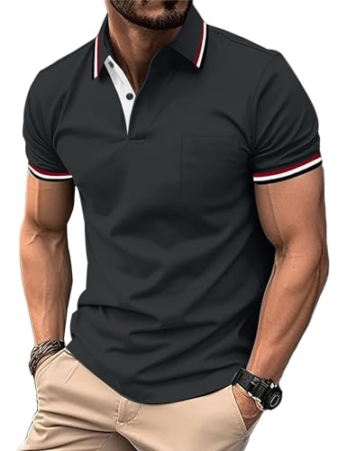 zitysport Poloshirt Herren Kurzarm Shirt Atmungsaktives Golf Polo Shirt Männer Sommer Shirts Sport Basic Slim Fit Tshirt mit Brusttasche Polohemd(Dunkelgrau-L)