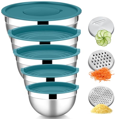 HaWare Rührschüssel 5er Set, Edelstahl Schüssel Salatschüssel Set mit Luftdichtem Deckel & 3 Reibenaufsätzen zum Kochen Backen, 4,6L/2,8L/1,6L/1,2L/0,7L, Stapelbar & Spülmaschinenfest, Blau