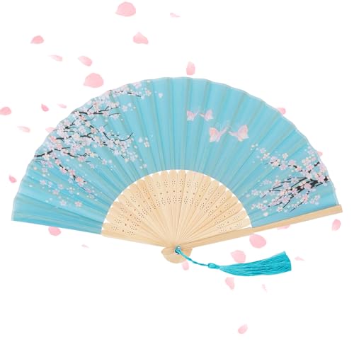 Alaoo Handfächer, Faltbare Fächer für eine Abkühlung im Sommer, Bambusfächer mit Quaste, Chinesischer handfächer für Geburtstagsgeschenke, Tanzen, Cosplay, Requisiten-Dekoration, Blau (1 Fächer)