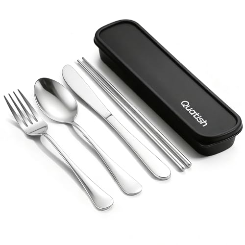 Quatish Camping Besteck, 4 Stück Edelstahl Reisebesteck mit Etui, Besteckset to go, Edelstahl Bestecktasche für Unterwegs, Outdoor, Reise, Arbeit, Schule, Silber