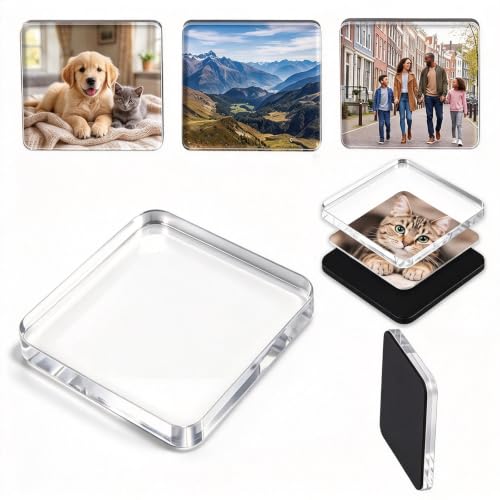 25 Stück DIY Kühlschrankmagnete, Magnete Selbst Gestalten Set aus Acryl | Klare 5x5 cm Fotomagnete Selbst Gestalten mit Selbstklebefolie für DIY-Deko (Küche, Büro, Schule)