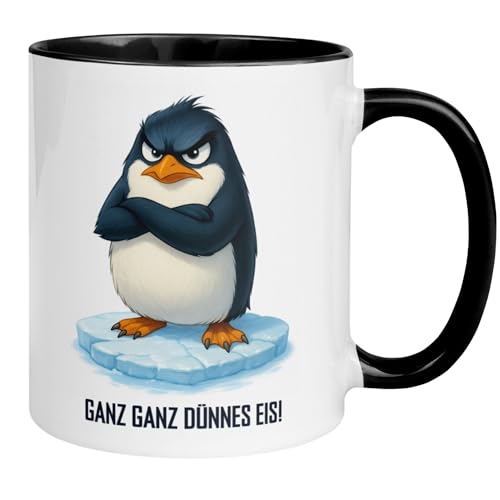 Pinguin Tasse Büro Morgenmuffel Lustig | Ganz ganz dünnes Eis Spruch | Lustige Kaffeetasse Kollegen Arbeit Homeoffice | Geschenkidee für Morgenmuffel mit schlechter Laune | Tierbecher Kaffeeliebhaber