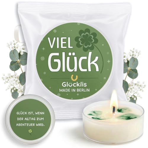 12x Glücksbringer Teelichter Viel Glück - Glückslicht mit Botschaft, Soja