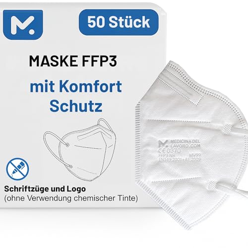 50 FFP3 Mund- und Nasenschutz Maske mit EC Zertifizierung, 5 Lagige Maske ohne Ventil, Staub- und Partikelschutzmaske, medizinische Schutzmaske mit hoher PFE-Filtereffizienz ≥ 99, 50 Atemschutzmaske