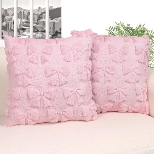 Deko Kissen, Kissenbezug, 2 Stück Kissenbezüge mit Rosa Schleifen Design, Weiche Plüsch Kissenbezüge aus Pillow Case, Plüschige Aesthetic Kissenhülle für Betten, Sofas, Wohnmöbel, Urlaubsdekoration