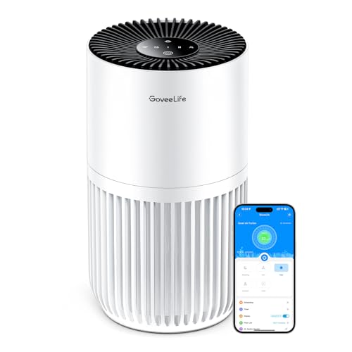 GoveeLife Mini-Luftreiniger fürs Schlafzimmer, intellig. HEPA-Filter mit Alexa-App-Steuerung gegen Tierhaare, Gerüche, Pollen, Rauch, Tragb. Luftreiniger mit 3 Geschwindigkeiten, 2 Modi, Timer, Aromen