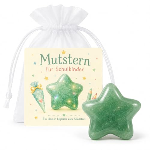 Milaboo Geschenk zur Einschulung – Naturstein mit Karte im Organzasäckchen, kleine Aufmerksamkeit für Schultüte, Schulanfang und 1. Schultag, Glücksstein, Mutstein (Mutstern Aventurin)