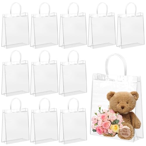 FINEASY Transparent Geschenktüten, 12 Stück, 26 x 20 x 8 cm, Mit Griffen, Wiederverwendbar für Party, Hochzeit, Geburtstag und Einkaufen