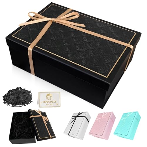 Geschenkbox mit Deckel, 25x18x8.5cm Falt Geschenke Box mit Schleifen, Raffia, Grußkarten - Set, Geschenkbox Geburtstag für Valentinstag Geburtstage Weihnachten Hochzeit (Schwarz)