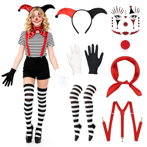 XIRUYEN Karneval Kostüm Damen Clown, 7 Stück Faschingskostüme Damen Herren, Clown Kostüm Damen, Zirkus Kostüm Damen Herren, Faschingskostüme, Pantomime Kostüm für Karneval, Theateraufführungen