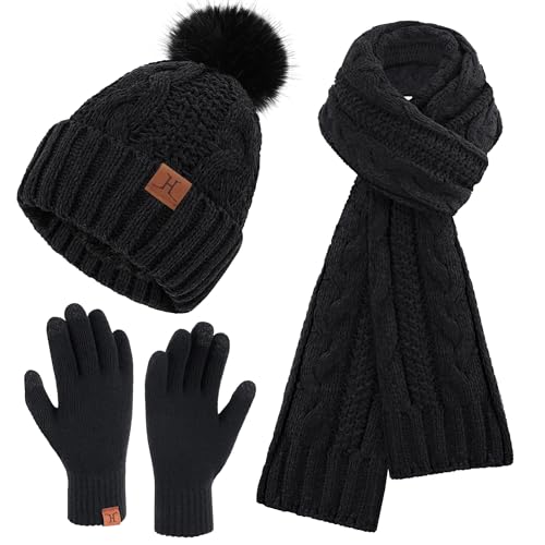 ZASFOU Damen Winter Mütze Schal Touchscreen Handschuhe Set Thermo Chenille Strickmütze Beanie Wintermütze Schals Winterschal Winterhandschuhe Geschenk für Frauen