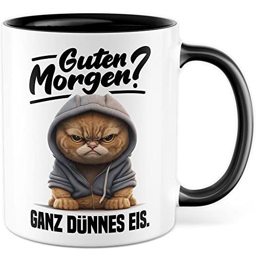 Tasse mit Spruch lustig Katze Morgenmuffel Witz Geschenkidee Kaffeetasse Humor Geschenk für Verschlafen Kaffeebecher Witz Becher (Weiß & Schwarz)