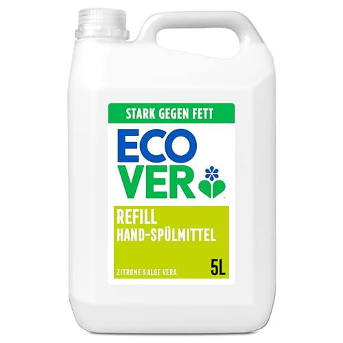 Ecover Hand‑Spülmittel Nachfüllpack, Geschirrspülmittel, stark gegen Fett und hartnäckigen Schmutz, frischer Zitrone und Aloe Vera Duft, 1 × 5 l