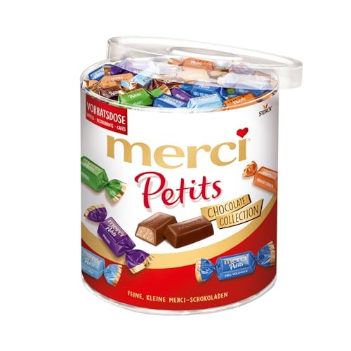 merci Petits Chocolate Collection – 1 x 1000 g (Großpackung) – Pralinen-Mix aus nicht gefüllten und gefüllten Schokoladen-Spezialitäten – Schokopralinen in praktischer Runddose