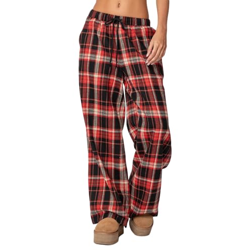 Geagodelia Damen Pyjamahose Sommer Pyjama Hosen Schlafhose Leichte Gestreifte Lange Hose Y2k Lounge Pants Sommerhose Freizeithose Nachtwäsche (G - Rot Schwarz Karierte, S)