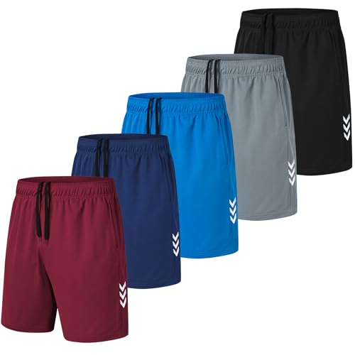 kuzwufs Herren Jogginghose Kurze Lauf Sport Shorts Polyester Training Fußball Hose 5er Pack Kurze Dry Fit Gym Basketball Shorts Schwarz/Grau/Navy/Blau/Rot-M