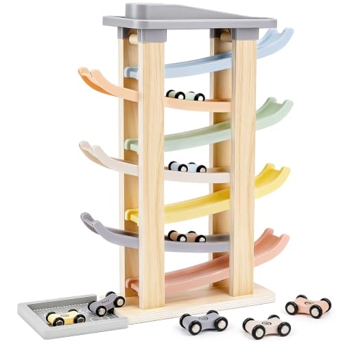 Joyreal Kugelbahn Baby Holz ab 1 2 3 Jahr - Montessori Auto Spielzeug, Kugelbahnen Holzspielzeug Kinderspielzeug Geschenk zum 1. Geburtstag Junge Mädchen Baby