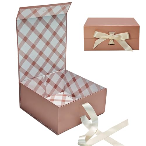 Tekhoho Roségold Geschenkbox 22x22x10cm, Premium Geschenkbox mit Magnetdeckel und Schleife für Feiertage Hochzeit Geburtstag Geschenkverpackung, Kariertes Futter