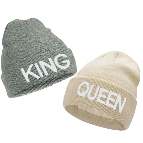 Gkmamrg Weihnachten Partner Pärchen Geschenk King Queen Winter Mütze, Strickmütze für Sie und Ihn, grau beige