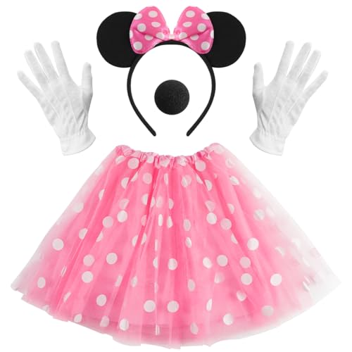 Damen Maus Mouse Kostüm, Maus Ohren mit Rosa Schleife, Ballettkeider + Haarreifen + Handschuhe + Nase, Rosa Tutu mit Weiß Gepunktet, Kinder Tüll Kleid für Karneval Cosplay Fasching Halloween Party