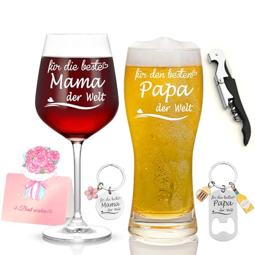 Joymaking Rotweinglas und Bierglas Set mit Gravur - Für Die Beste Mama&Den Besten Papa der Welt, Geschenke für Eltern Papa Mama, Personalisiertes Eltern Geschenk zum Muttertag Vatertag Geburtstag