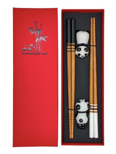 Sushi Essstäbchen Set Panda 2 Paar inklusive Keramik-Unterleger Premium Holz Nachhaltig Japanisch Chinesisch Koreanisch Taiwanesisch