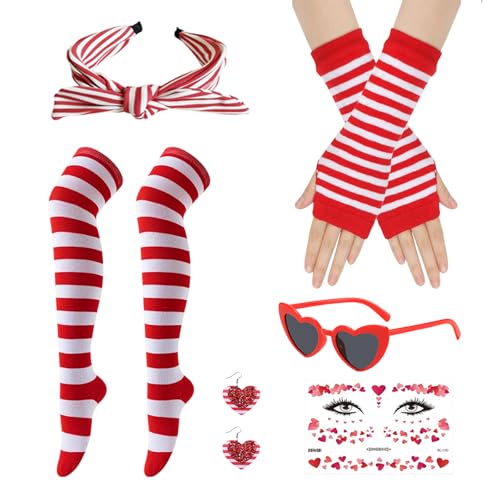 Editbar Karneval Kostüm Köln,Rot-Weiss Kostümaccessoires,Stirnband, Handschuhe, Socken, herzförmige Brille,Geeignet für Kostümpartys zum Thema Karneval, Kölner Karnevalskostüme