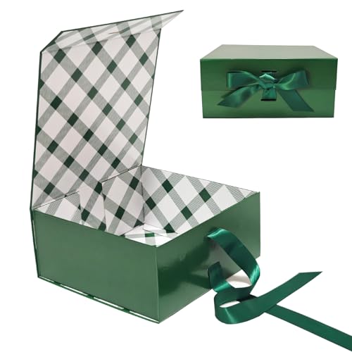 Tekhoho Grün Geschenkbox 22x22x10cm, Premium Geschenkbox mit Magnetdeckel und Schleife für Feiertage Hochzeit Geburtstag Geschenkverpackung, Kariertes Futter