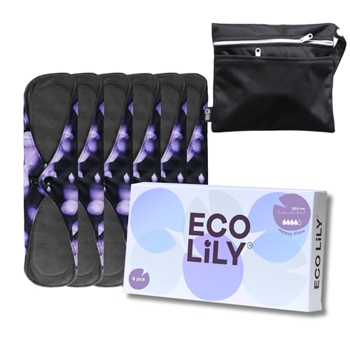 Eco Lily 6 Pack Slipeinlagen Waschbar Damenbinden mit Bambuskohle | Wiederverwendbare, wasserdichte, saugfähige Menstruationspads | Starke Perioden | Bonus Aufbewahrungstasche