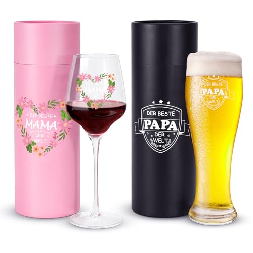 FHzytg Rotweingläser und Bierglas mit Gravur Set für Mama und Papa, Weinglas Geschenk für Eltern, Beste Mama und Papa der Welt, Bester Vatertag Muttertag Geschenk zum Geburtstag