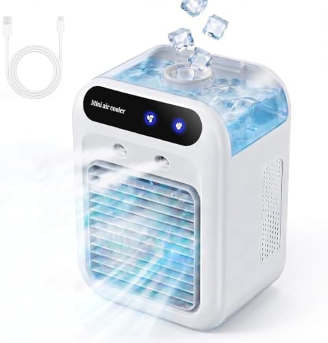 Mobile Klimaanlage, Tragbare Luftkühlgerät, leise Mobile Klimaanlage mit 500ml Wasserbehälter, 2 Lüftungsstufen & 2 Sprühmodi, Mini Klimatisierung für Schlafzimmer und Outdoor Camping(Weiß)