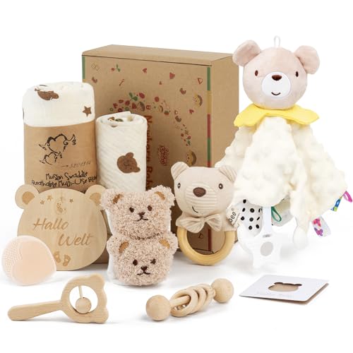 Geschenk zur Geburt, Babyparty Geschenkbox mit Baby Schmusetuch, Holzrassel