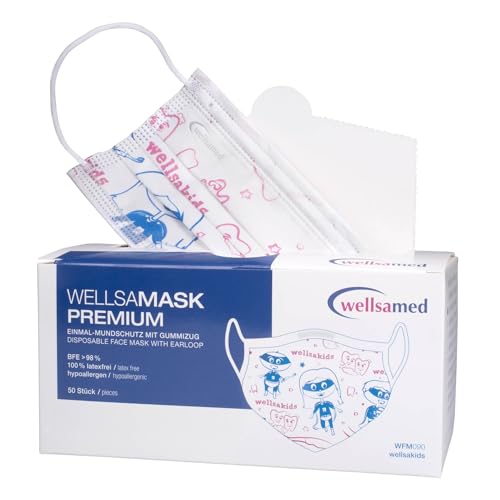 Wellsamed Wellsamask 50 Stück medizinischer Mundschutz Type IIR mit Gummizug, mit Wellsakids Motiv