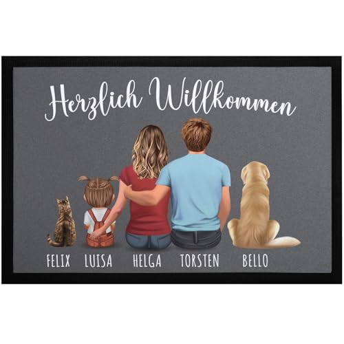 SpecialMe® Fußmatte Familie personalisiert mit Figuren und Namen 1,2,3,4 Kinder Hund Katze rutschfest & waschbar Schwarz 60x40cm
