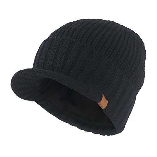 Kuyou Strickmütze mit Schild Herren Winter Visor Beanie Cap, Schwarz, Einheitsgröße