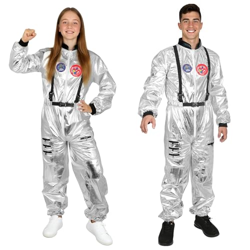 AUYAO Astronaut Kostüm Erwachsene Herren Frauen, Silber Astronauten Space Anzug Weltall Kostüm mit Taschen, Spaceman Raumfahrer Costume für Damen Herren Faschingskostüme Halloween Cosplay Karneval, L