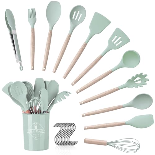 Atliberswo Küchenhelfer set, 12-teilig, mit Besteckbox, Silikon Holzgriff-küchenhelfer,gesund, antihaftbeschichtet, spülmaschinenfest, hitzebeständiges Design