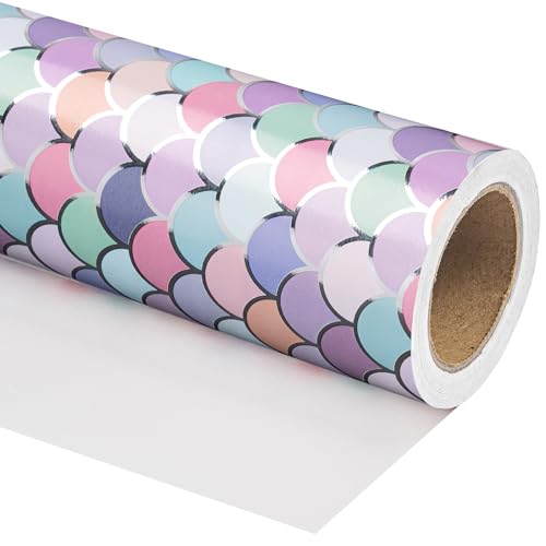 RUSPEPA Meerjungfrauen-Geschenkpapierrolle - Mini-Rolle - 43,2 cm x 3 m - Bunte Meerjungfrauenschuppen-Geschenkpapier mit Silberfolien-Design für Geburtstag, Mädchen, Babyparty, Kindergeburtstag