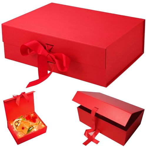 Geschenkbox mit Schleife, Geschenkbox mit Deckel, 21x17x7cm Magnetische, Geschenk Verpackungsbox für Geschenke Hochzeit Weihnachten Jubiläum (Rot)
