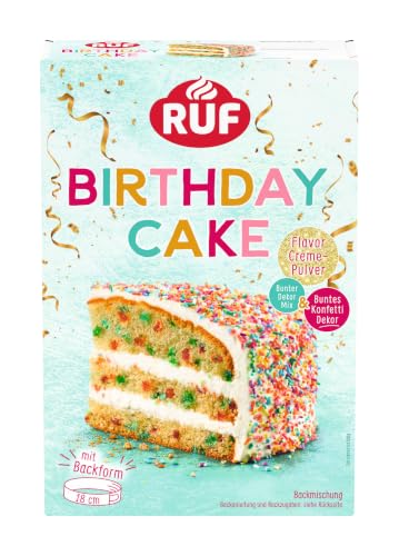 RUF Birthday Cake, Geburtstagskuchen, Schicht-Torte aus Rührteig und Konfetti-Streusel, Tortencreme und buntem Dekor-Mix, für Kindergeburtstag, Familienfeier, Einschulung, 1x425g