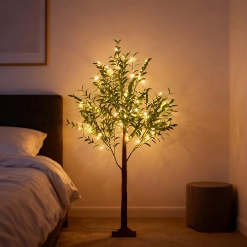 FIVMEN Künstlicher Weihnachtsbaum mit Beleuchtung 120 cm Simulierter Olivenbaum mit 180 LEDs und PVC Base Künstlich Christbaum Kunstpflanze für Weihnachten Frühling, Warmweiß