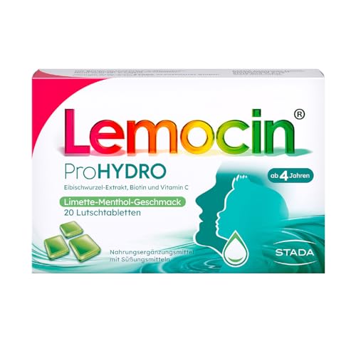 Lemocin ProHYDRO Lutschtabletten mit Limette-Menthol-Geschmack für Hals und Rachen - für Erwachsene und Kinder ab 4 Jahren - mit Vitamin C, Biotin und Eibischwurzelextrakt - 1 x 20 Stück