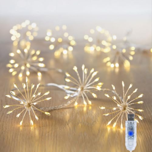 Mavouri Feuerwerk USB Lichterkette mit Timer, 3M 100 LED Kupferdraht Feuerwerkslichterkette mit Timer, Lichterkette USB Feuerwerk für Schlafzimmer, Silvester, Weihnachten, Halloween, Hochzeit