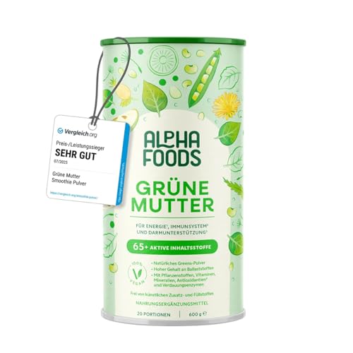 Grüne Mutter 2.0 - Das Original - Greens Shake - Akazienfaserpulver, Weizengras, Brennnessel, Mariendistel, Alfalfa, Chlorella und mehr - Smoothie Shake - 600g Pulver - Alpha Foods