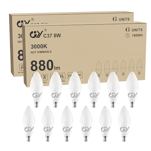 GY 12er E14 LED Ultrahelle Energiespar Glühbirne, 8W Glühbirne E14, Ersetzt 60W lampe, C37 LED Birne 880LM, 3000K Led Warmweiss, 280° Abstrahlwinkel Energiesparlampe, Nicht Dimmbar