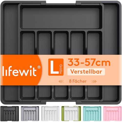 Lifewit Besteckkasten für Schubladen 40 50, Kunststoff Besteckeinsatz (Tiefe 38 cm), erweiterbare Besteckschublade Einsatz, Schubladen Organizer Küche für Besteck, Cutlery, Geschirr, Löffel, Schwarz
