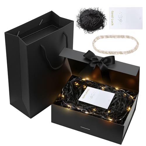 Schwarze Geschenkbox mit Deckel, magnetische Geschenkbox 26×19×8,5 cm – mit Lichterkette, Schleife, Raffia und schwarzerGeschenktasche, ideale GeschenkboxGeburtstag, GeschenkboxHochzeit