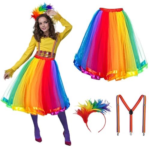 Regenbogen-Tüllrock Set mit Riemen, Karnevals-Kostüm Damen - Tütü mit Feder-Stirnband für Partys